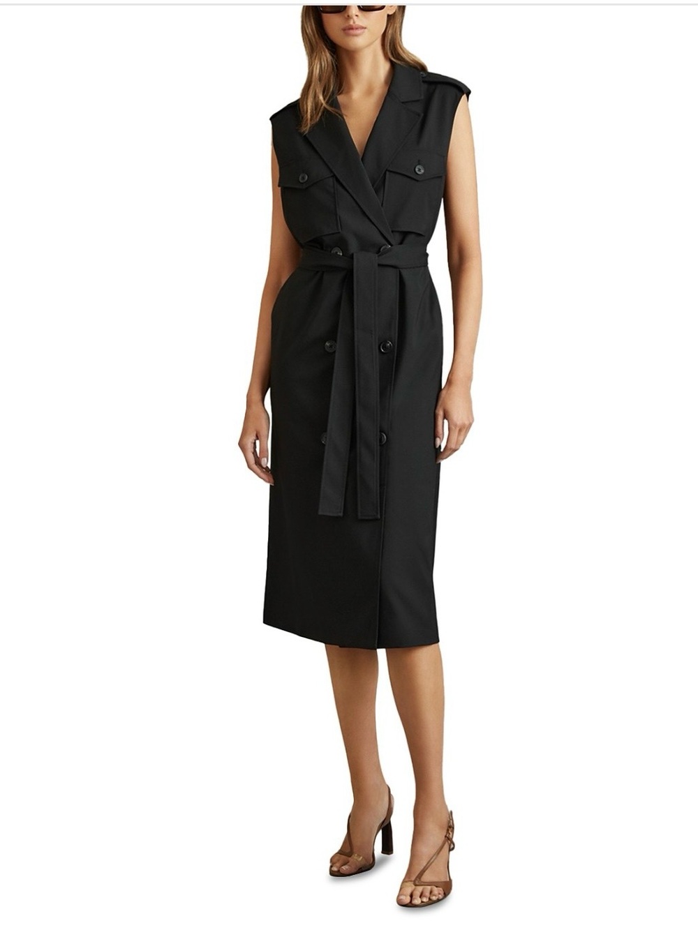 Reiss Kimora Midi Sleeveless Black Trench Dress with Belt NWT US 2
